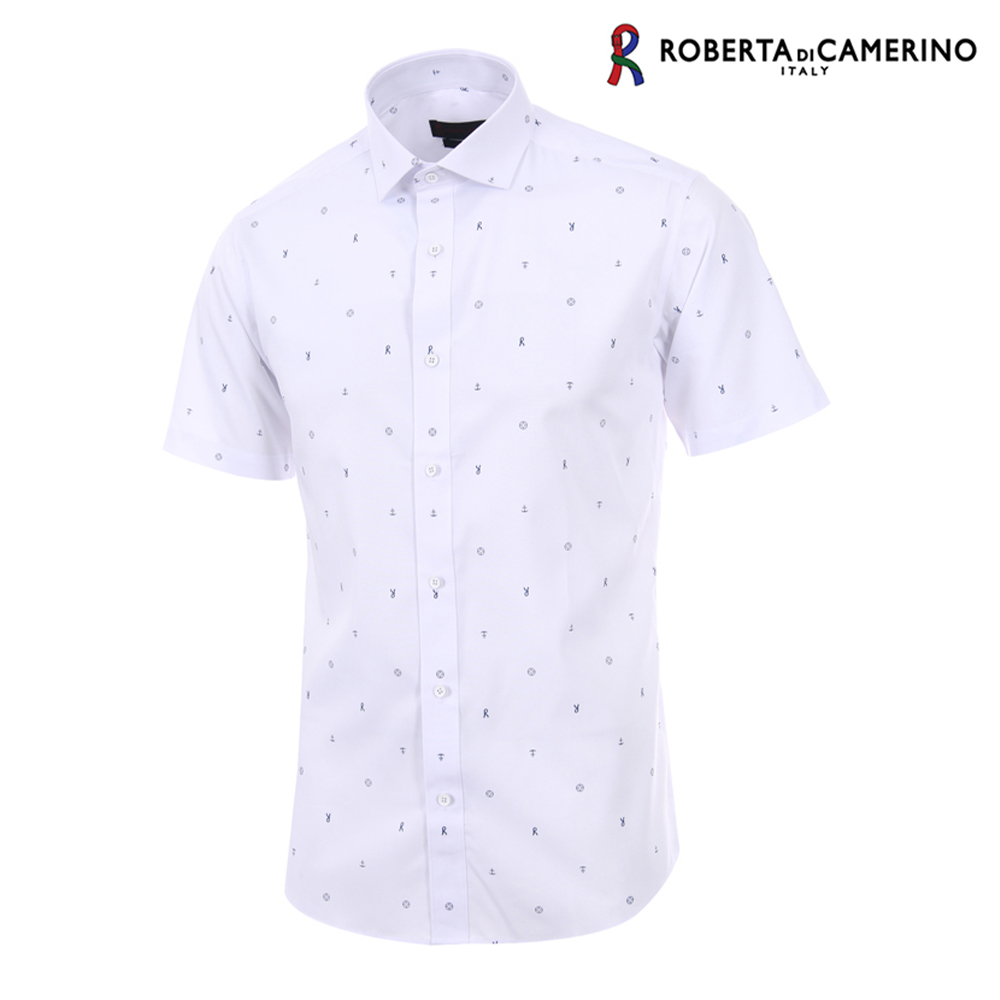 로베르타디까메리노 남성 슬림핏 반팔 텐셀 혼방 스판 프린트 흰색 셔츠 RL2-455-1