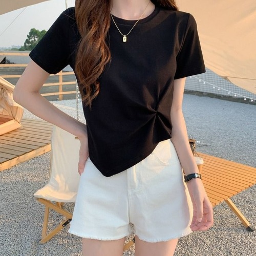 그랜드백화점 바이에밀리 여성 여름 꼬임 언발 사선 포인트 숏 반팔 티셔츠 2color